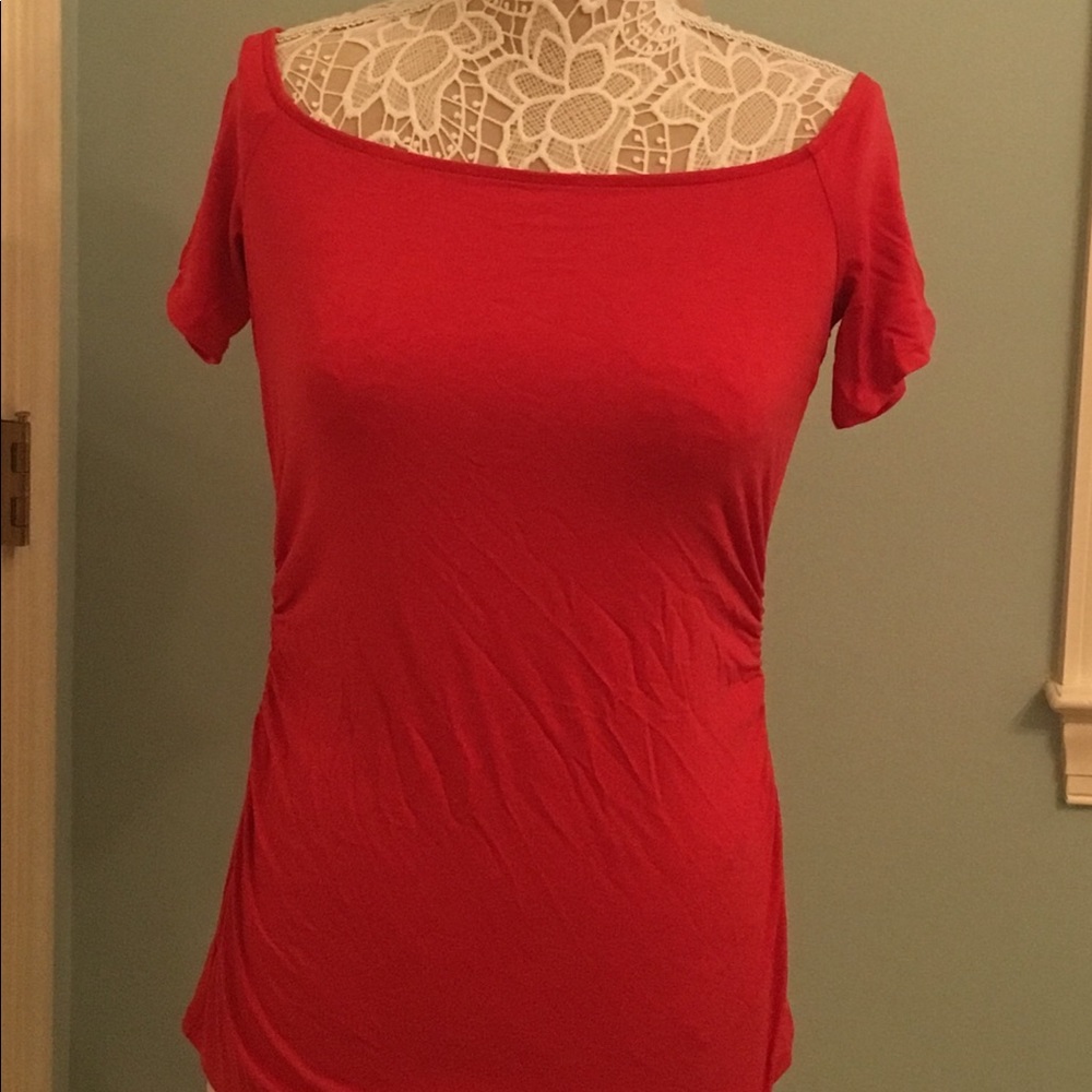 White House Black Market Coral off shoulder tee.